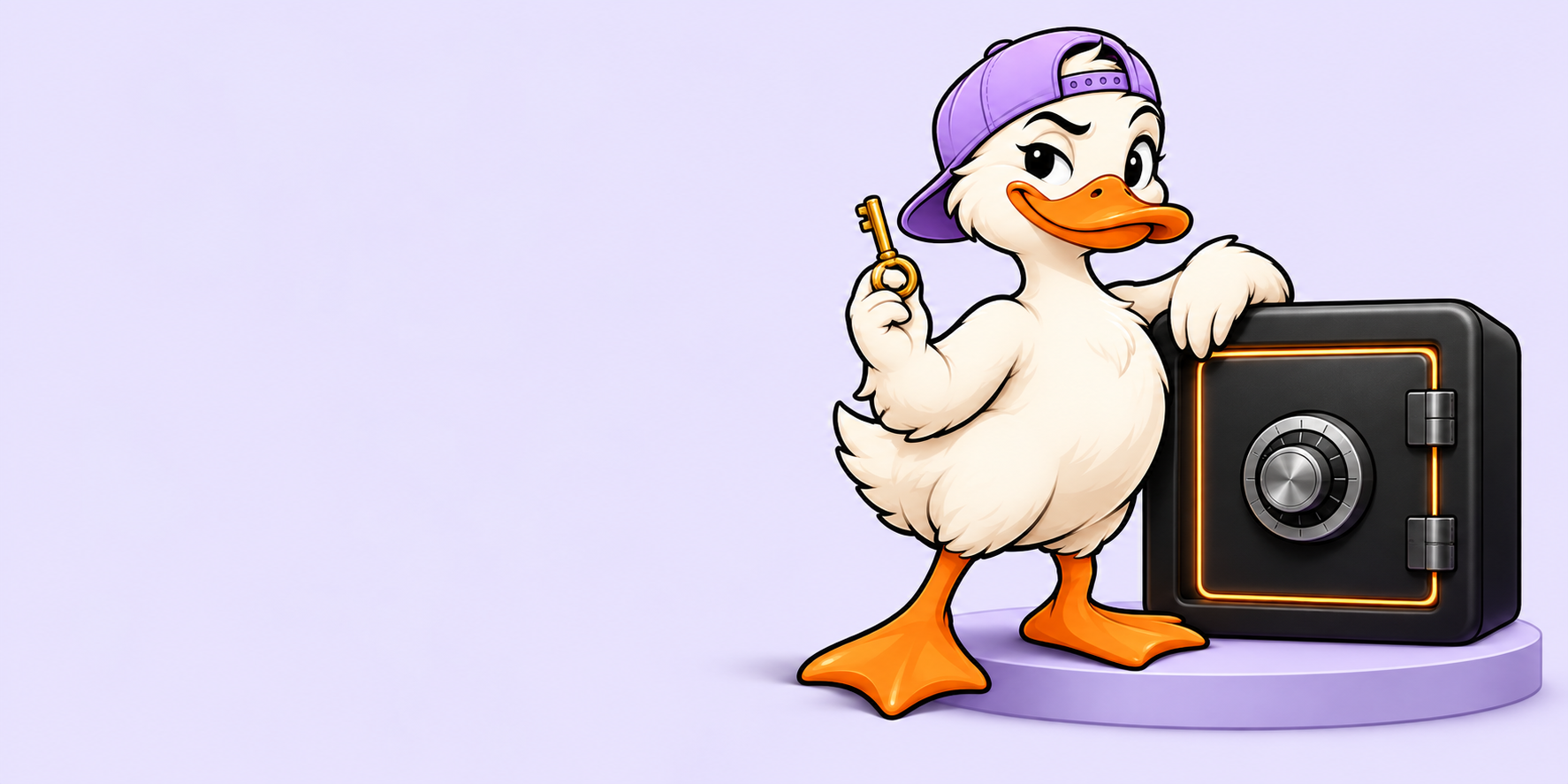 Ducky, our cream duck in a backwards lilac cap, beside a safe.